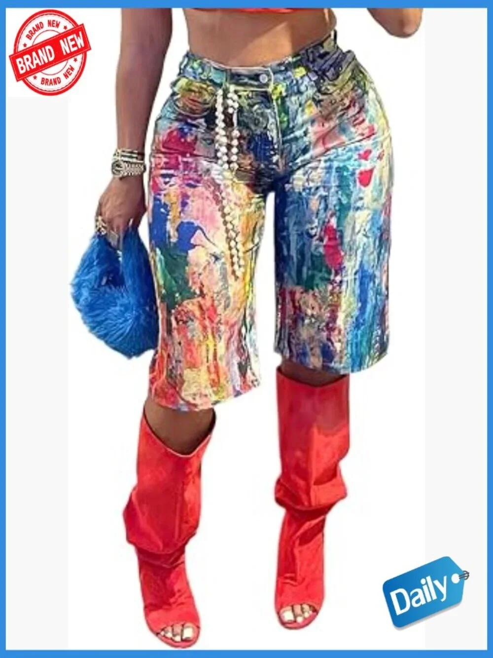 High Waist Bermuda Denim Shorts Baggy Straight Leg Graffiti Jean Shorts